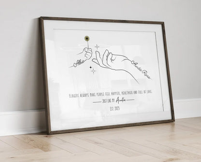 Custom Auntie Flower Gift, Custom Aunt Line Art Print with Names and Flower, Aunty Birthday Gift from Niece or Nephew, Unique Auntie Present