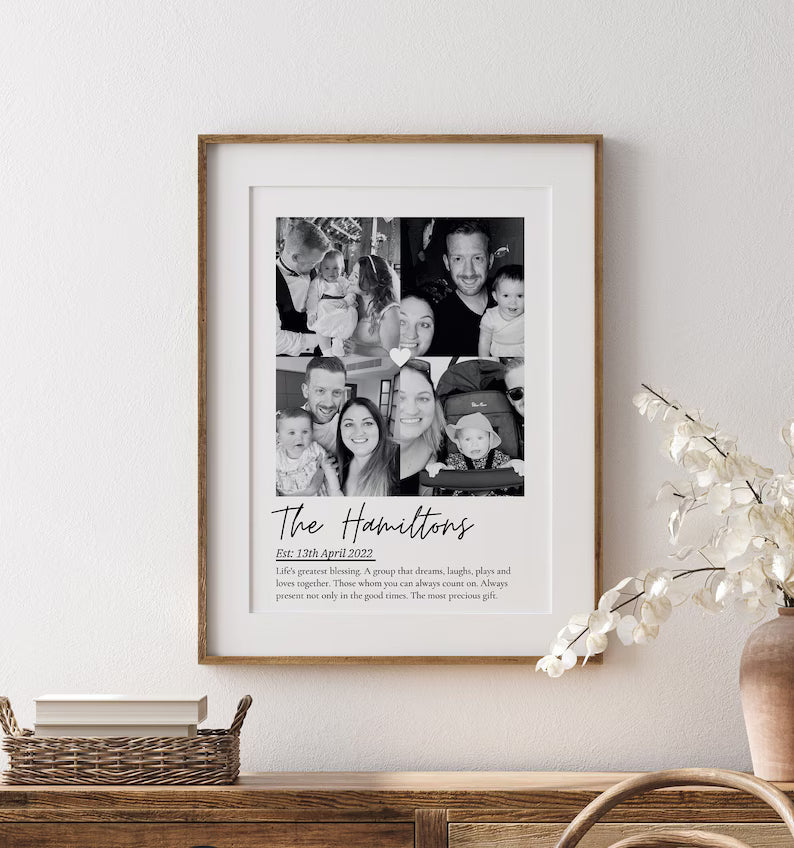 Custom Family Photo Collage Print, Personalised Family Name Wall Art, Family Established Date Gift, Framed Photo Keepsake Decor for Her Him