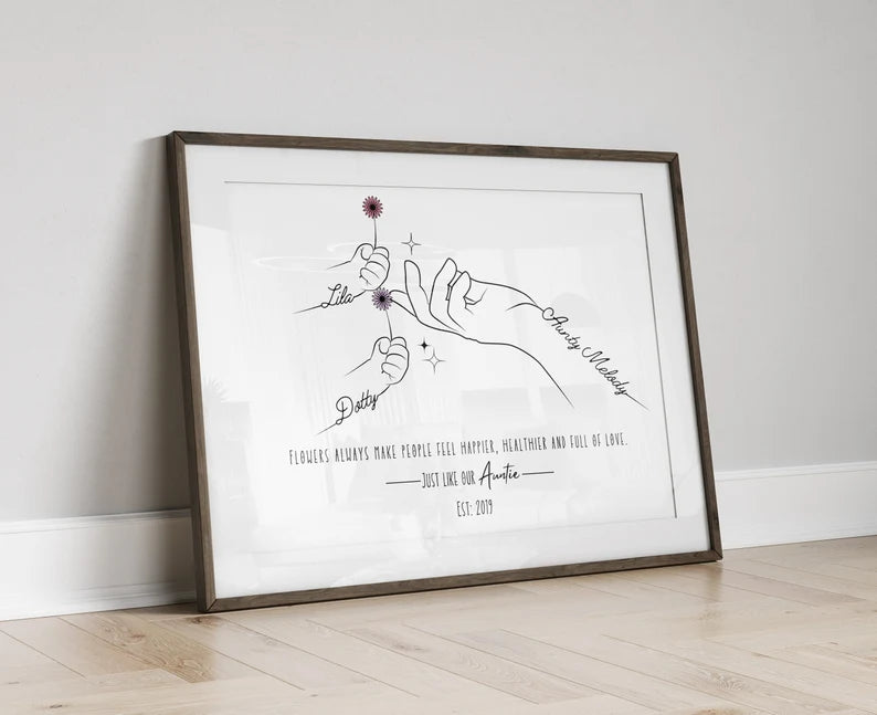 Personalised Auntie Line Art Gift, Aunty Flower Wall Art, Christmas Gift, Birthday Gift for Aunt from Nephew Niece, Aunty Flower Poster