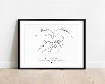 Personalised Family Line Art Print, Custom Minimalist Family Hand Art, 1 to 3 Baby Hands and Dog Paws, Newborn Baby Gift, New Parent Gift
