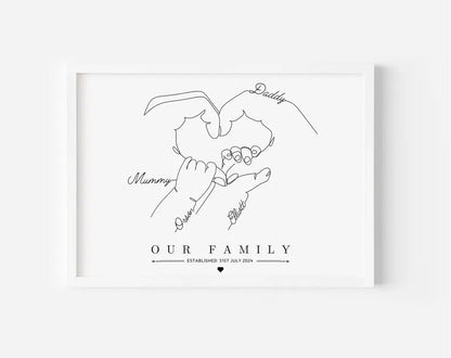 Personalised Family Line Art Print, Custom Minimalist Family Hand Art, 1 to 3 Baby Hands and Dog Paws, Newborn Baby Gift, New Parent Gift