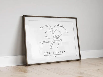 Personalised Family Line Art Print, Custom Minimalist Family Hand Art, 1 to 3 Baby Hands and Dog Paws, Newborn Baby Gift, New Parent Gift