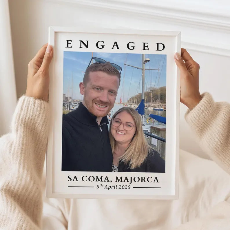 Custom Engagement Photo Print, Personalised Engagement Gift with Location & Date, Engaged Gift for Couple, Anniversary Present for Fiance