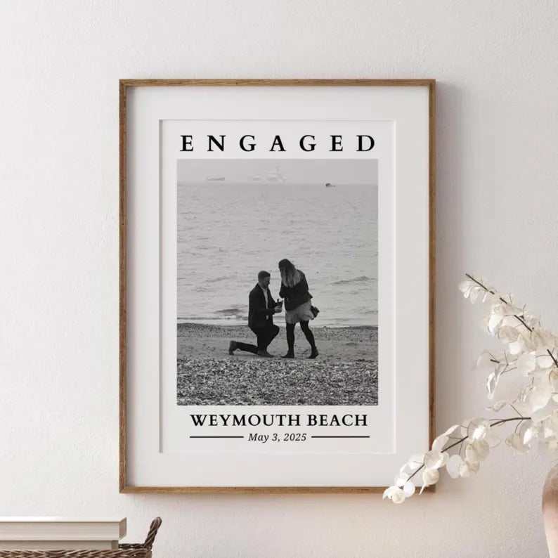 Custom Engagement Photo Print, Personalised Engagement Gift with Location & Date, Engaged Gift for Couple, Anniversary Present for Fiance