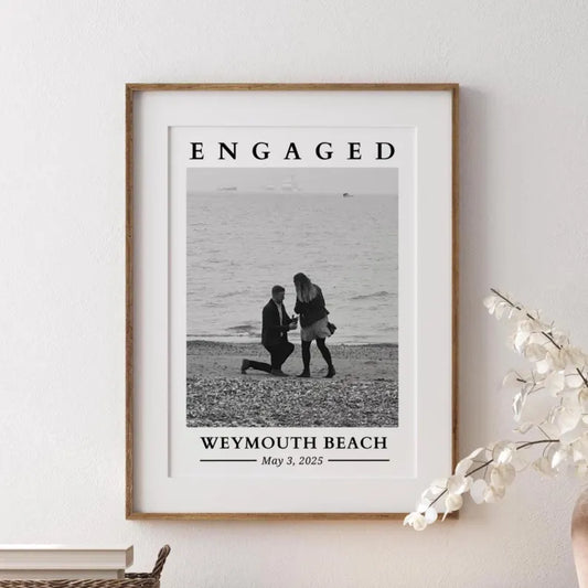 Custom Engagement Photo Print, Personalised Engagement Gift with Location & Date, Engaged Gift for Couple, Anniversary Present for Fiance