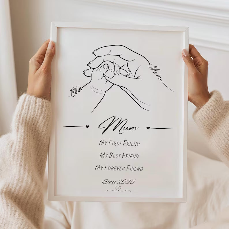 Custom Mummy and Baby Line Art Print, Personalised Mother's Day Gift, Mum First Best Friend Quote, New Mummy Birthday Gift, Baby Hand Decor
