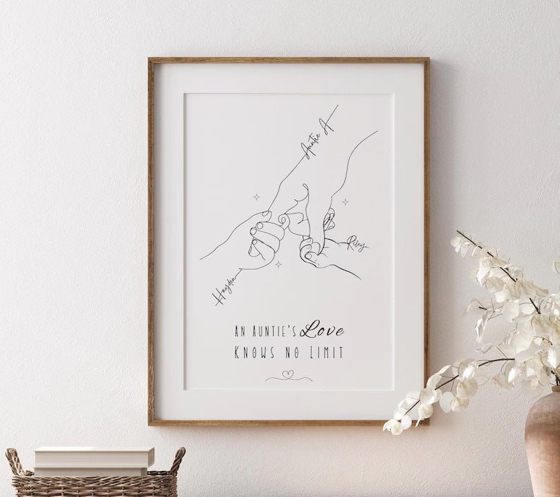 Personalised Auntie & Niece/Nephew Line Art Print, Custom Hand Holding Illustration, Aunt Gift, Minimalist Family Wall Art, Birthday Present
