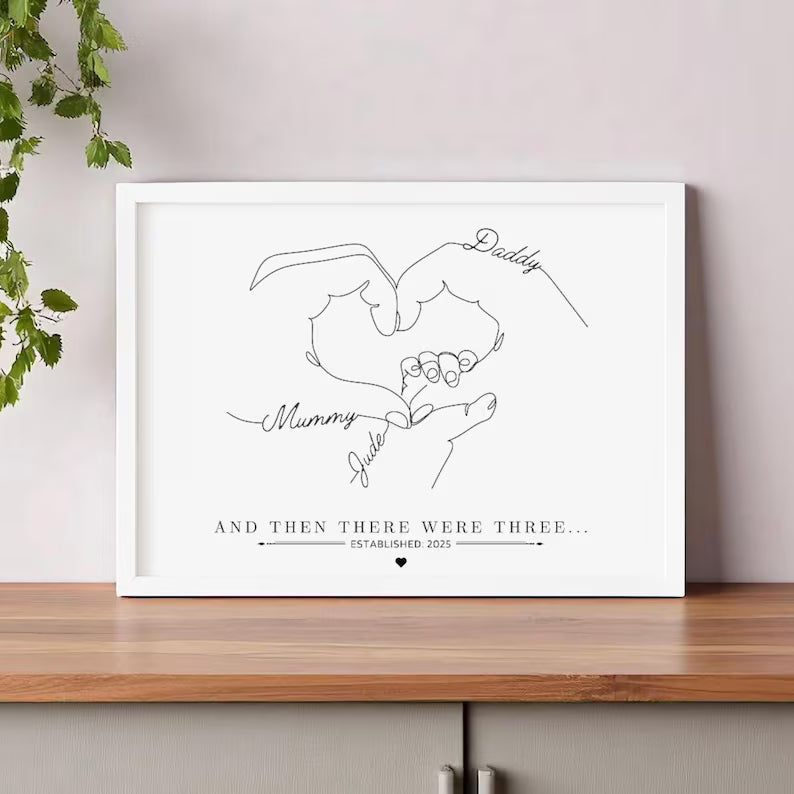 Personalised Baby Hand Family Gift, Newborn Gift Print, Dog Family Wall Art, Mummy Birthday Gift, Family of Three Four Five, Baby Shower Art