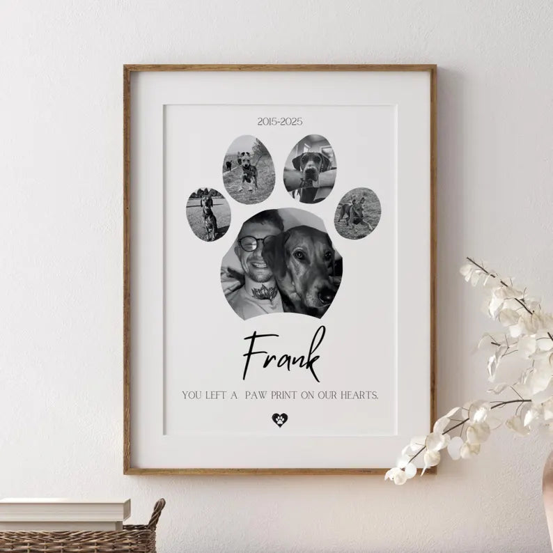 Custom Dog Memorial Photo Collage Print, Pet Loss Gift, Rainbow Bridge Tribute, Personalised Dog Paw Print Poster, Pet Remembrance Gift