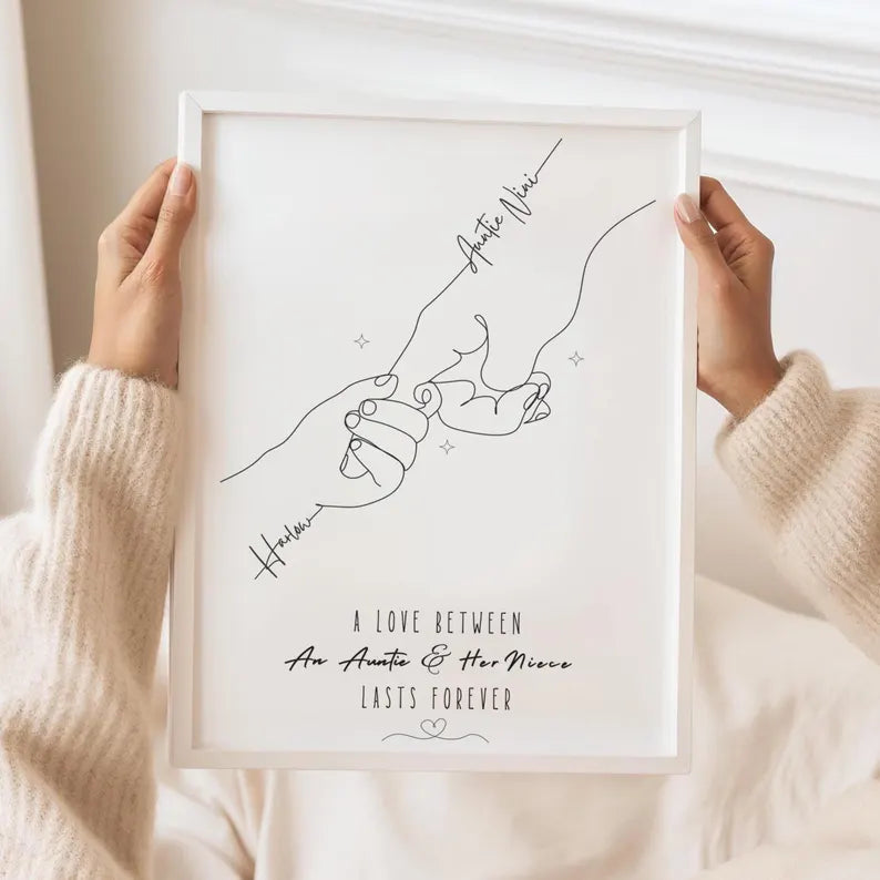 Personalised Auntie & Niece Nephew Line Art Print, Custom Name Hand Drawing, Auntie Gift from Niece, Aunt Wall Art, Nursery Decor, Gift Idea