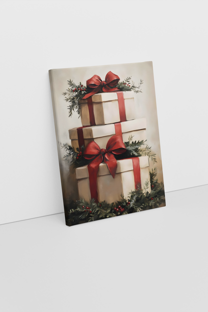 Festive Holiday Gift Boxes Canvas Art - Christmas Wrapped Gifts with Red Bows Decor