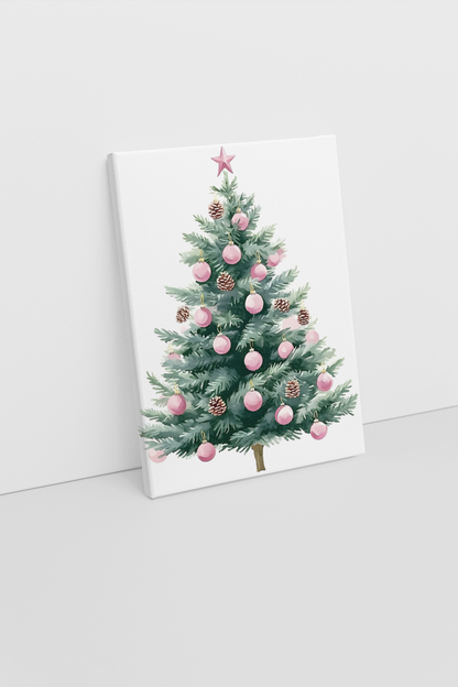 Christmas Tree with Pink Ornaments Art Print – Festive Holiday Canvas Wall Décor