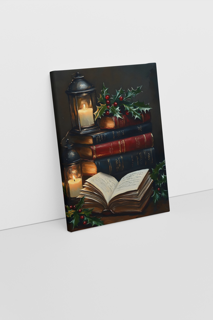 Vintage Christmas Books & Lanterns Canvas Art - Cozy Candlelit Holiday Decor