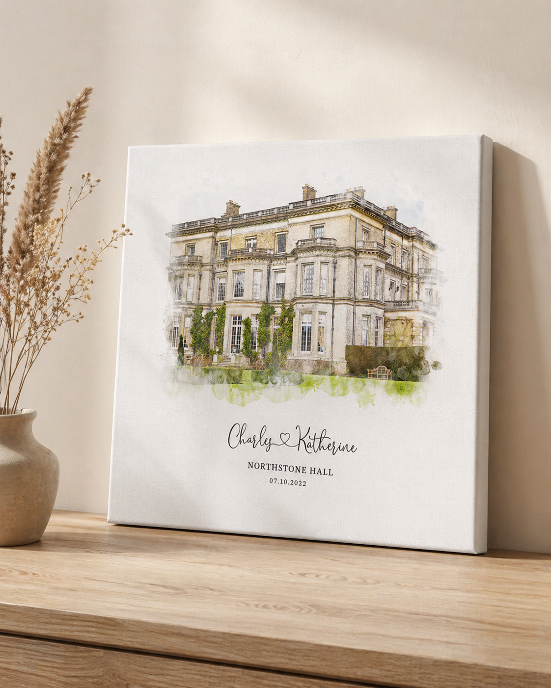 Watercolour wedding venue portrait on canvas, personalised with the couple's names, venue name and wedding date