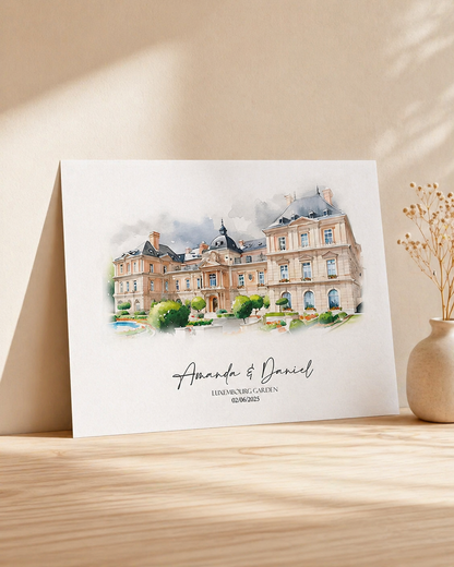 Landscape watercolour venue portrait print personalised with a couple's names and the date