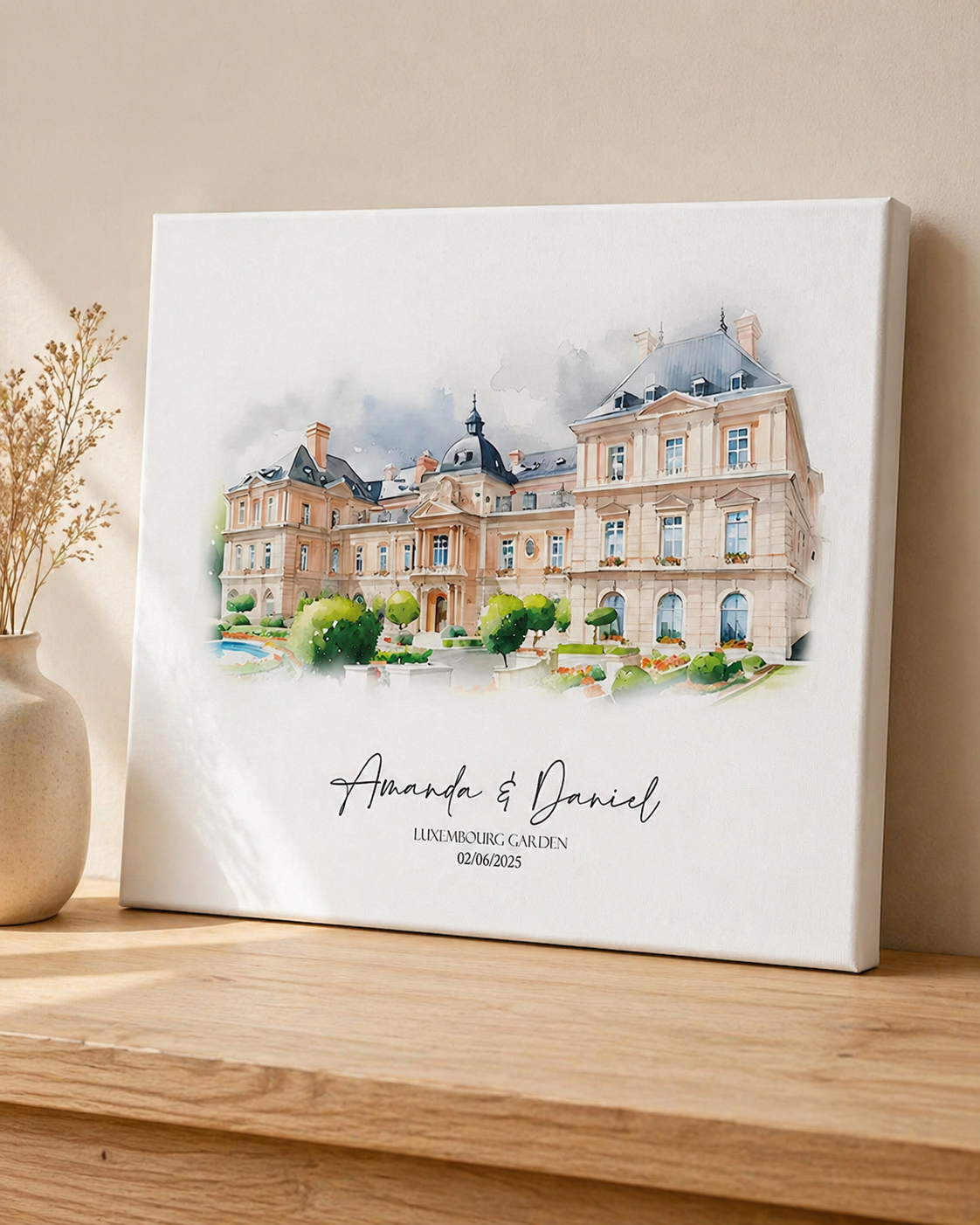 Landscape watercolour venue portrait on canvas, personalised with names and the date