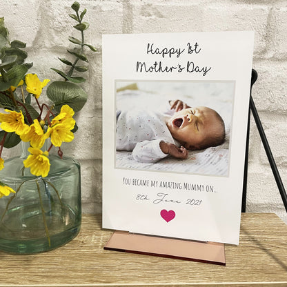 Personalised 1st Mother's Day Acrylic Plaque with a Mirrored or Wooden Stand